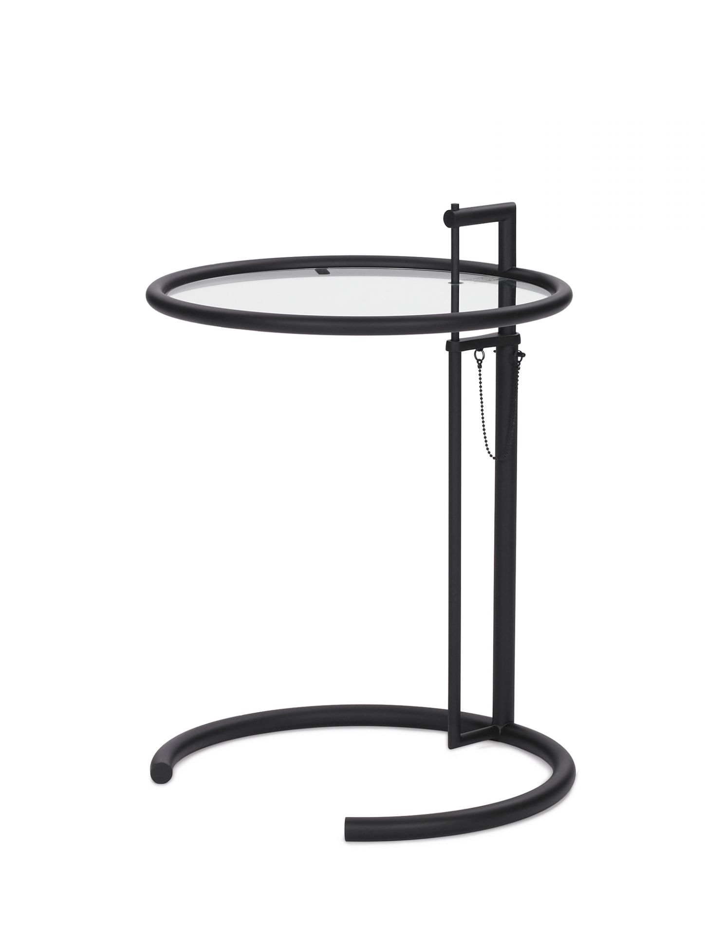 Schwarzer ClassiCon E1027 Beistelltisch mit Glasplatte, höhenverstellbar, modernes Design für Wohnzimmer und Schlafzimmer.